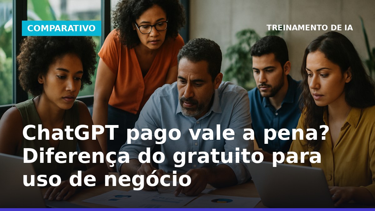 Profissionais brasileiros usando ChatGPT pago e gratuito em ambiente de escritório, analisando documentos