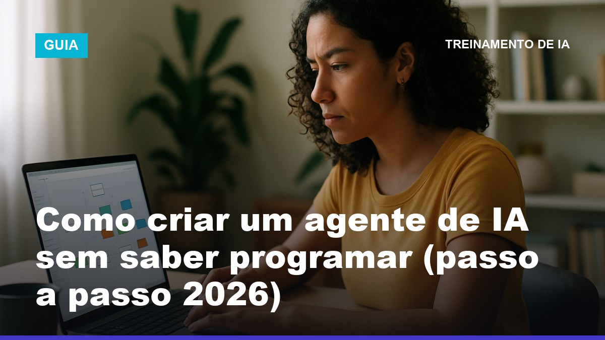 Profissional brasileira criando um agente de IA sem programar no notebook, montando fluxo visual na tela