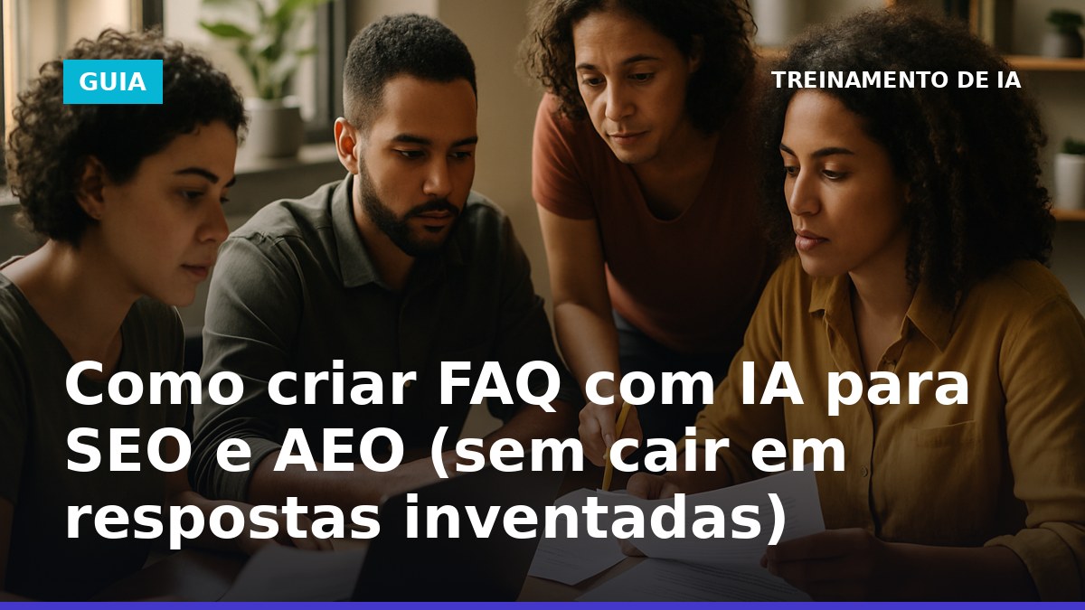 Como criar FAQ com IA para SEO e AEO: equipe revisando perguntas e respostas em um notebook