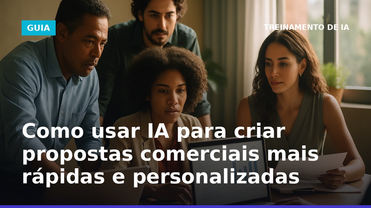 Equipe brasileira usando IA para criar proposta comercial em notebook durante reunião.