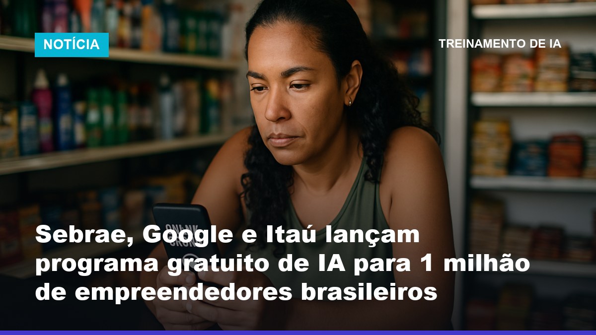 Empreendedora brasileira acessando curso gratuito de inteligência artificial no celular em sua pequena loja