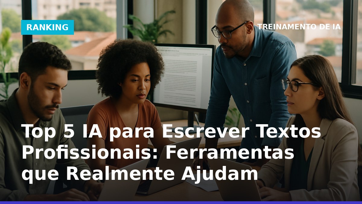 Equipe brasileira usando IA para escrever textos profissionais em laptops no escritório.